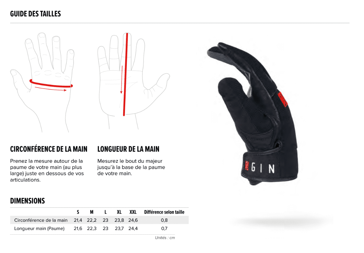 guide des tailles gants gin lite